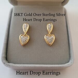 18K Gold plate over Sterling Silver Pierced Heart Drop Earrings with Box